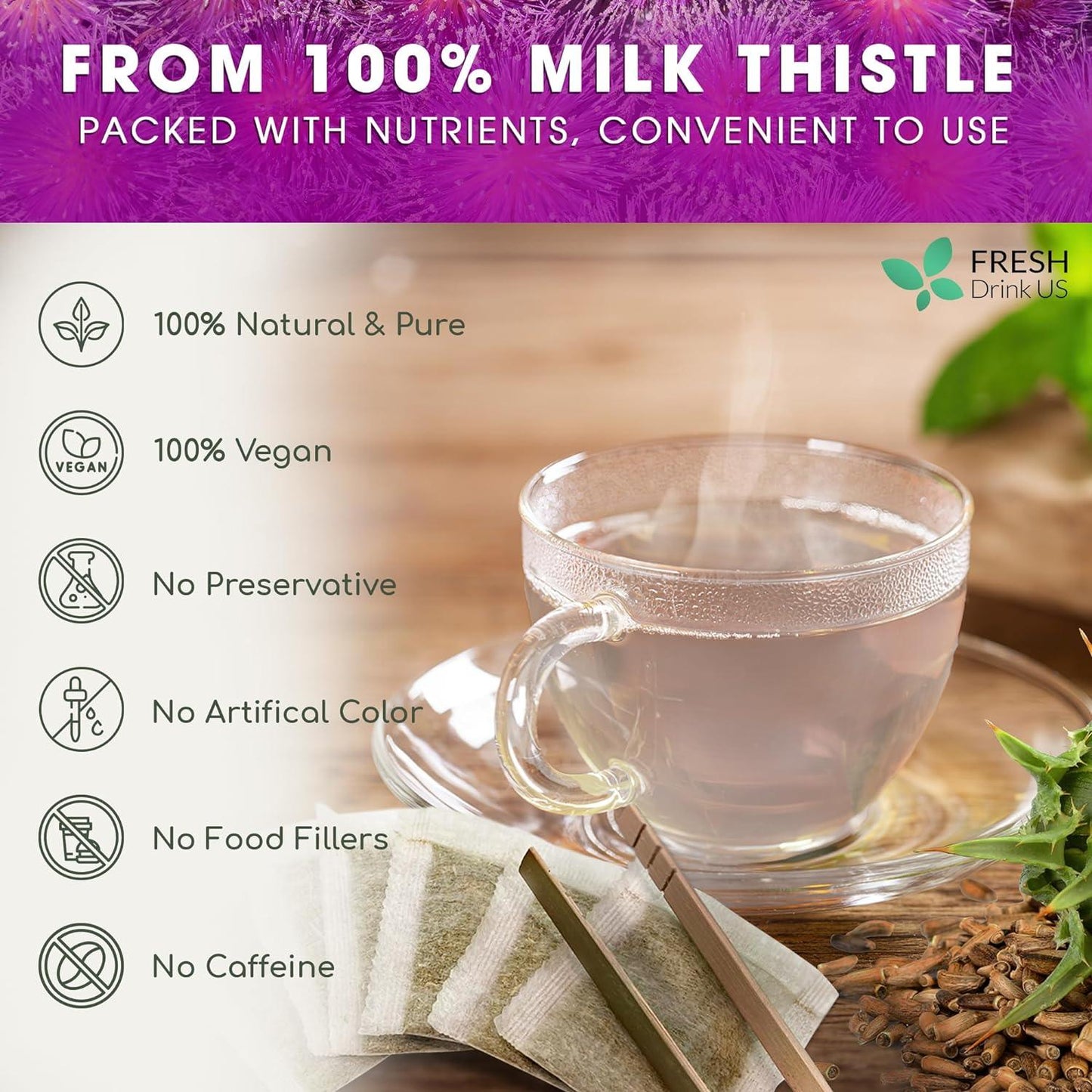 Premium Milk Thistle Tea Bags, 100% Natural & Pure from Milk Thistle Seeds. Milk Thistle Seed Herbal Tea. Milk Thistle Seed Tea. Made with Natural Material Tea Bags. No Sugar, No Caffeine, No Gluten, Vegan.