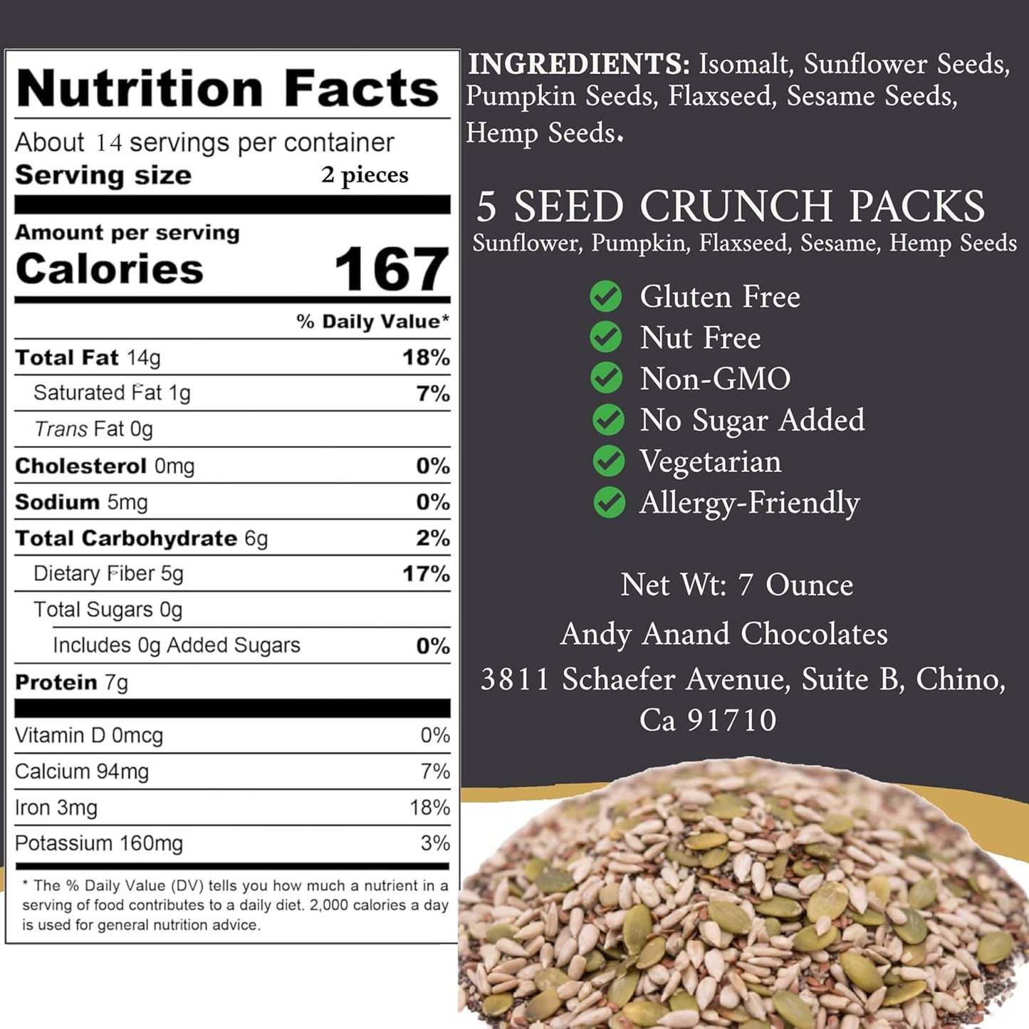 Andy Anand Sugar Free 5 Seed Crunch : Allergy Friendly Snack Packs - 14  Individually Wrapped, Gluten & Nut Free Trail Mix, Sunflower, Pumpkin, Flaxseed, Sesame seeds, Hemp Seeds, Grab & Goodness (7 Oz)