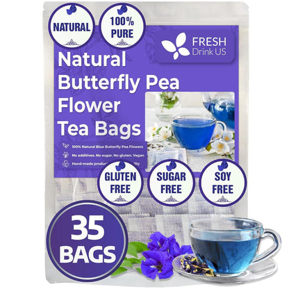 Premium Butterfly Pea Flowers, Tea Bags, 100% Natural and Pure from Butterfly Pea Flowers, Hand-made, Made With Natural Materials-Corn Fiber Tea Bag, Sugar/Caffeine/Gluten Free