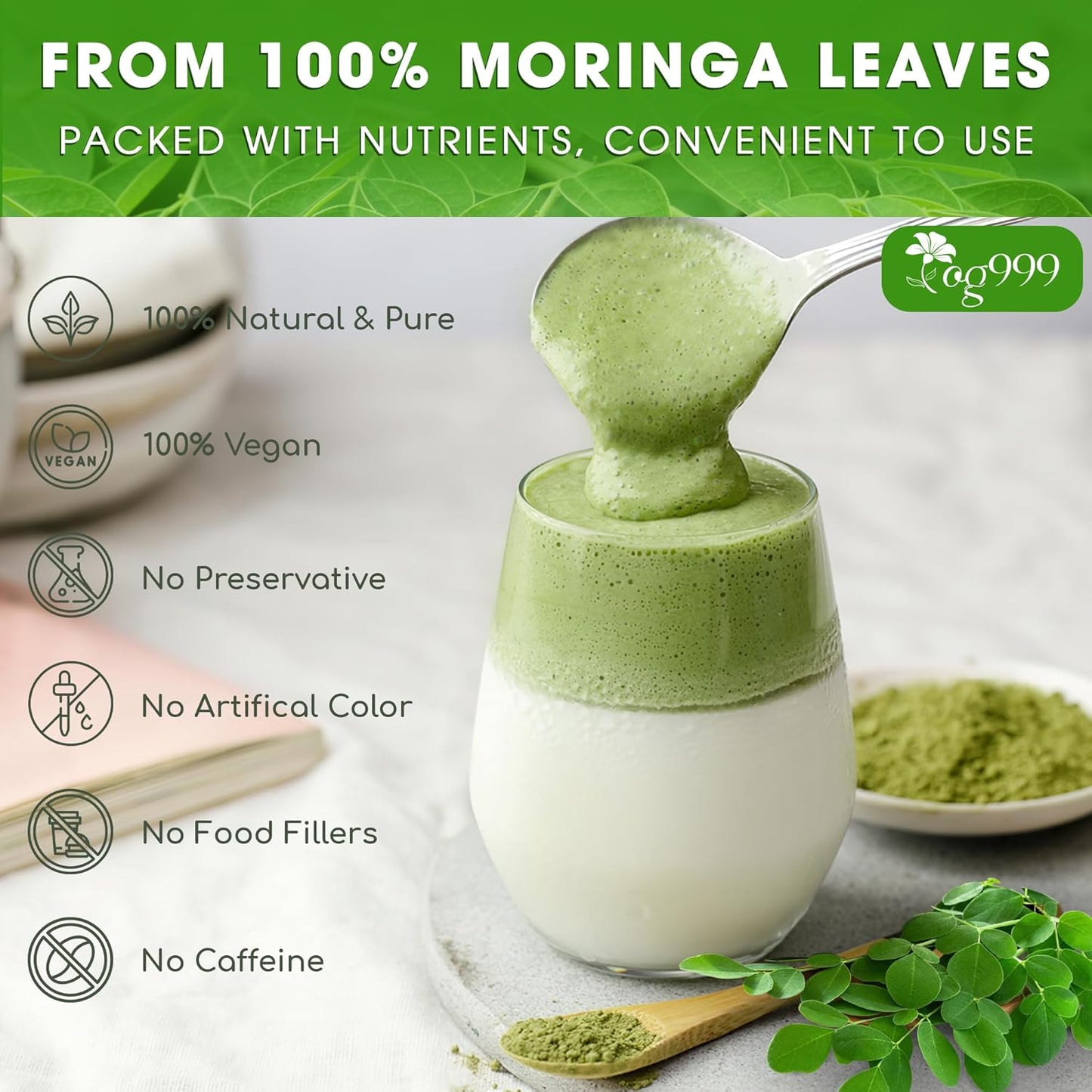 Premium 16oz Moringa Leaf Powder, 100% Natural and Pure from Moringa Leaves, No Additives, No Gluten, No Sugar, Vegan