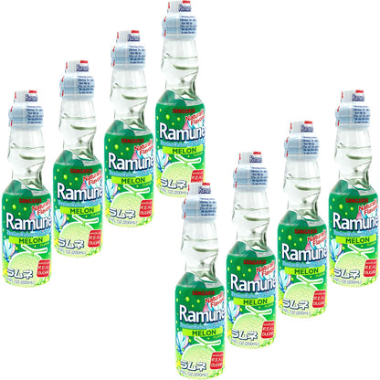 Snackathon Ramune Japanese Soda, Melon, 6.76 Fluid Ounce, Pack of 8, Glass Bottle