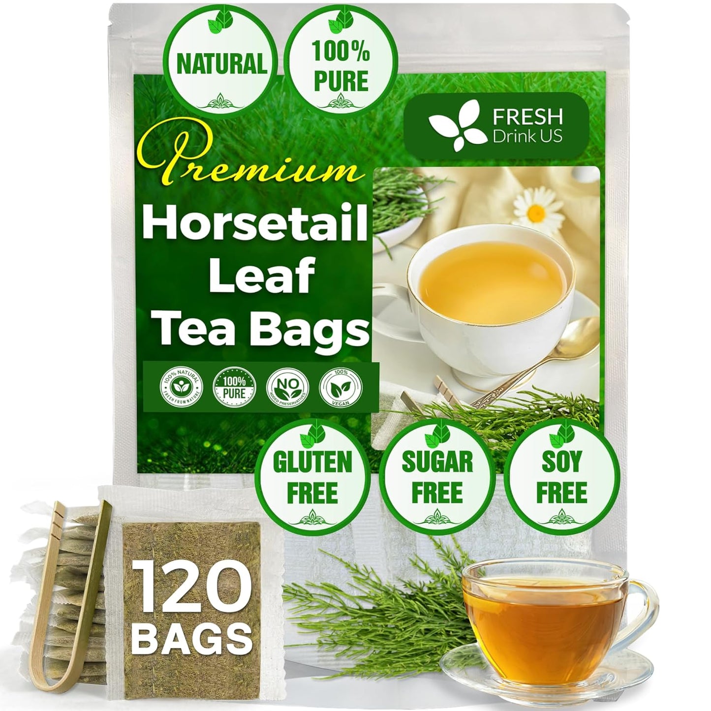 Premium Horsetail Leaf Tea Bags, 100% Natural & Pure from Horsetail Loose Leaves Herbal Tea. No Sugar, No Caffeine, No Gluten, Vegan.
