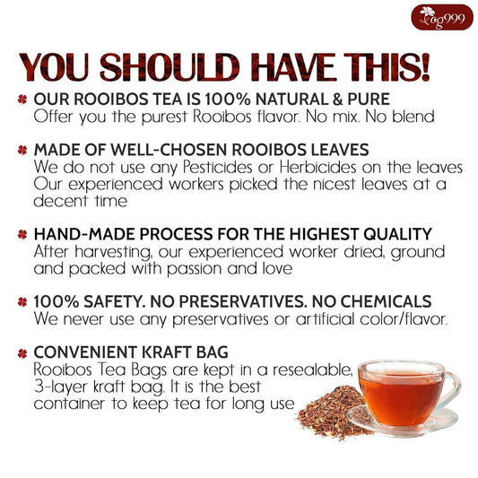Premium Red Rooibos Tea Bags, 100% Natural & Pure from Rooibos Tea Leaves. Loose Leaf Rooibos Herbal Tea. Made with Natural Material Tea Bags. No Sugar, No Caffeine, No Gluten, Vegan.