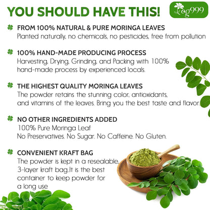 Premium 16oz Moringa Leaf Powder, 100% Natural and Pure from Moringa Leaves, No Additives, No Gluten, No Sugar, Vegan