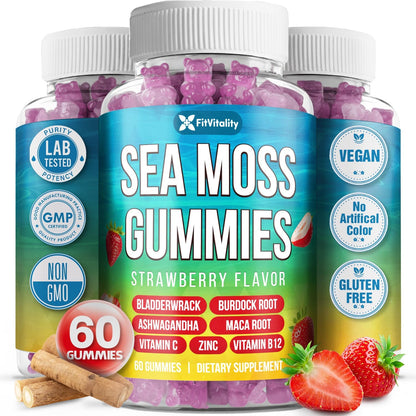 Sea Moss Gummies | Strawberry Flavor Vegan Gummies | Extra Rich 9-in-1 Formulation with Irish Sea Moss, Elderberry, Bladderwrack, Burdock, Ashwagandha, Maca, Zinc, B12 | Energy & Immune Support