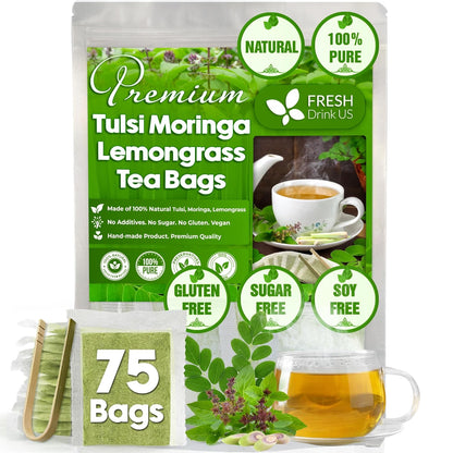 Premium Tulsi Moringa Lemongrass  Tea Bags, 100% Natural & Pure from Tulsi Holy Basil Leaves, Moringa & Lemongrass.