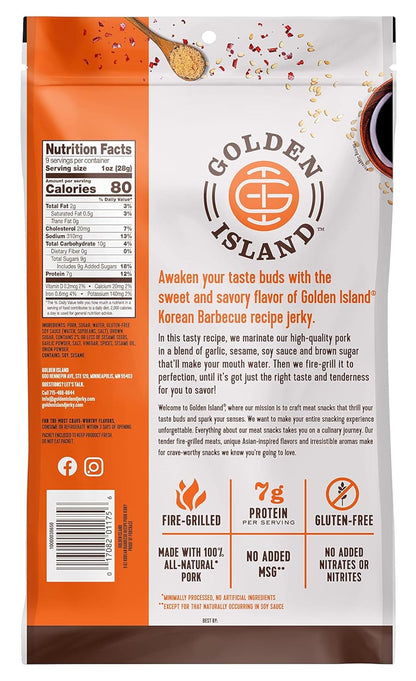 Golden Island Pork Jerky Korean BBQ Flavored, Specialty Meat Snack, Gluten Free with Korean Barbecue Seasoning, Bite Sized Sweet and Savory Protein Snack, 7g of Protein Per Serving, 9 Oz (2 Pack)