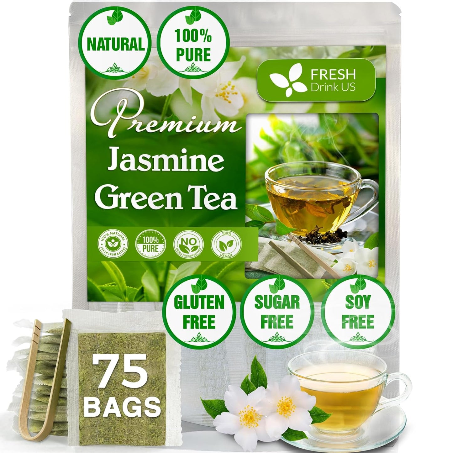 Premium Jasmine Green Tea Bags. Jasmine Green Herbal Tea. Made with Natural Material Tea Bags. No Sugar, No Gluten, Vegan.