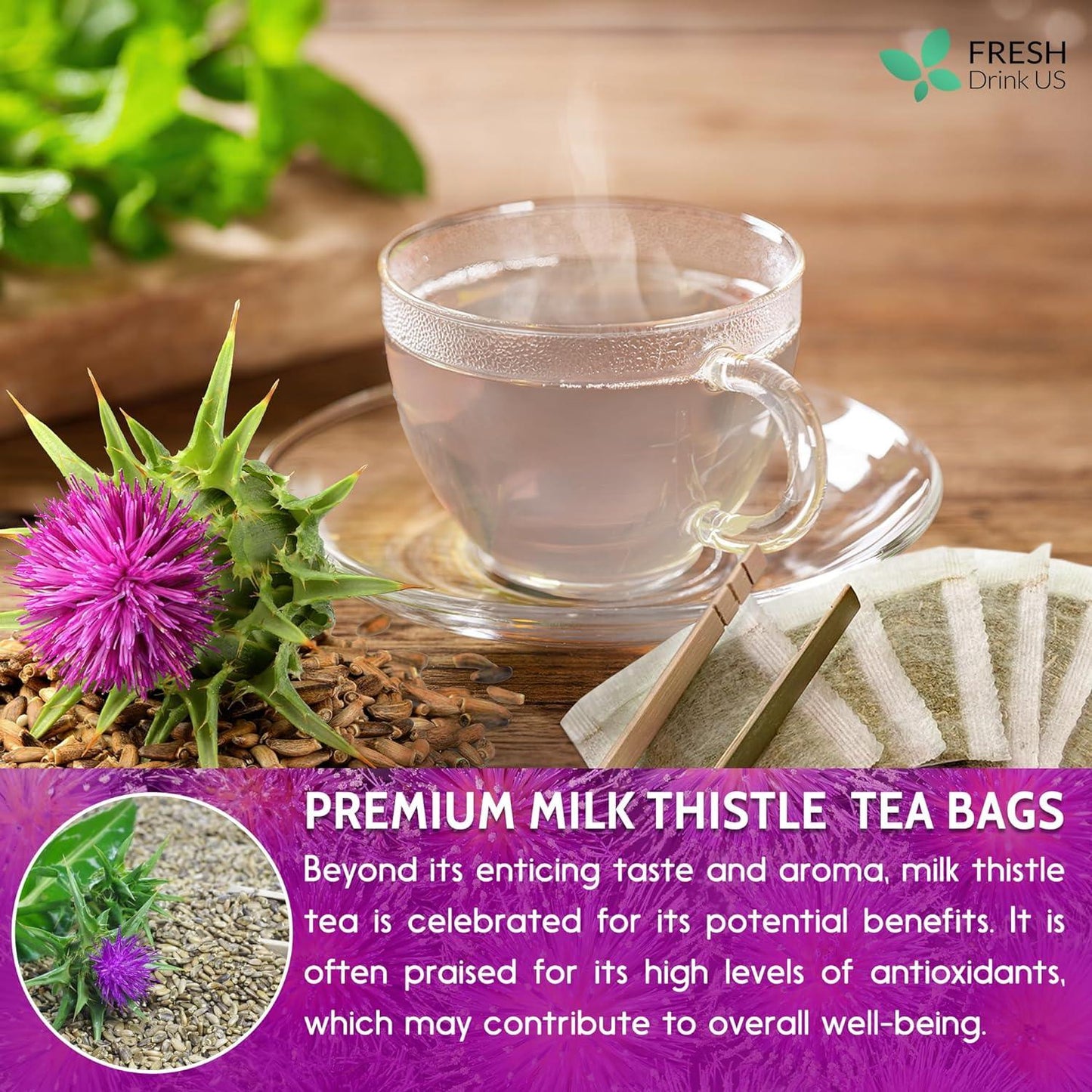 Premium Milk Thistle Tea Bags, 100% Natural & Pure from Milk Thistle Seeds. Milk Thistle Seed Herbal Tea. Milk Thistle Seed Tea. Made with Natural Material Tea Bags. No Sugar, No Caffeine, No Gluten, Vegan.
