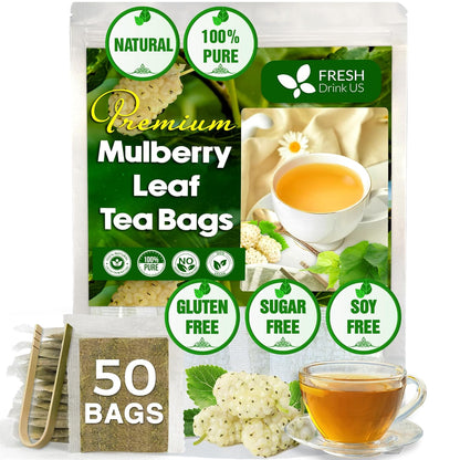Premium Mulberry Leaf Tea Bags. No Sugar, No Caffeine, No Gluten, Vegan.