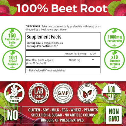 Beet Root Extract Capsules No Gluten, No Sugar, Vegan Capsules, High Concentrated Herbal Beet Root Extract.