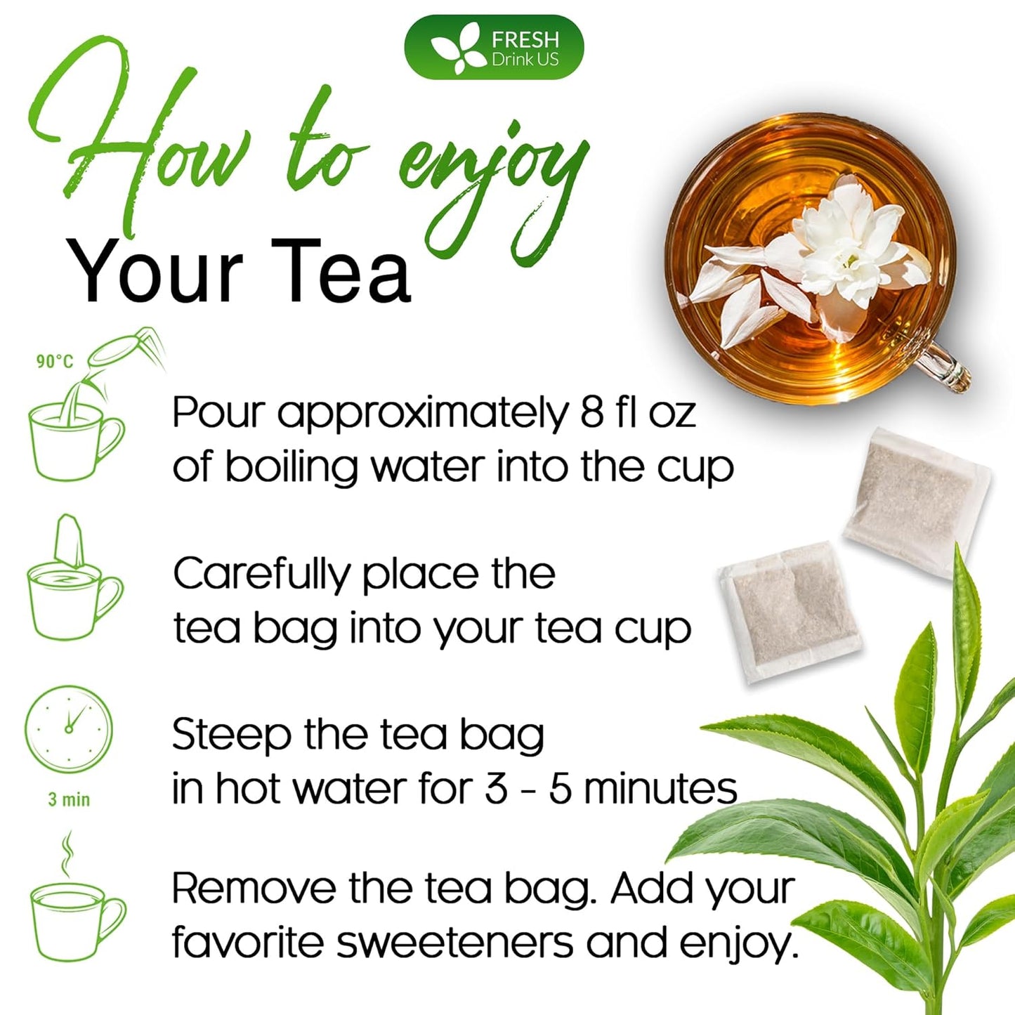 Premium Jasmine Green Tea Bags. Jasmine Green Herbal Tea. Made with Natural Material Tea Bags. No Sugar, No Gluten, Vegan.