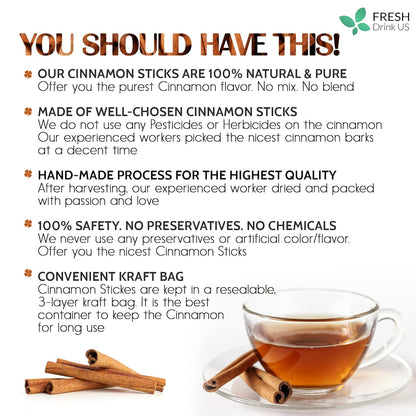 Cinnamon Sticks, Whole Sticks, 100% Natural & Pure Cinnamon Inner Bark, Raw Cinnamon Spice Flavor & Strong Aroma, Cinnamon Spice Herbal Tea, Perfect for Warm Beverages, No Additives, Vegan