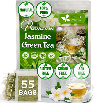 Premium Jasmine Green Tea Bags. Jasmine Green Herbal Tea. Made with Natural Material Tea Bags. No Sugar, No Gluten, Vegan.
