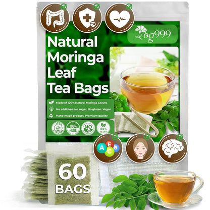 Moringa Leaf Tea Bags, 100% Natural & Pure from Moringa Leaves. Loose Leaf Moringa Herbal Tea. Moringa Leaf Tea. No Sugar, No Caffeine, No Gluten, Vegan