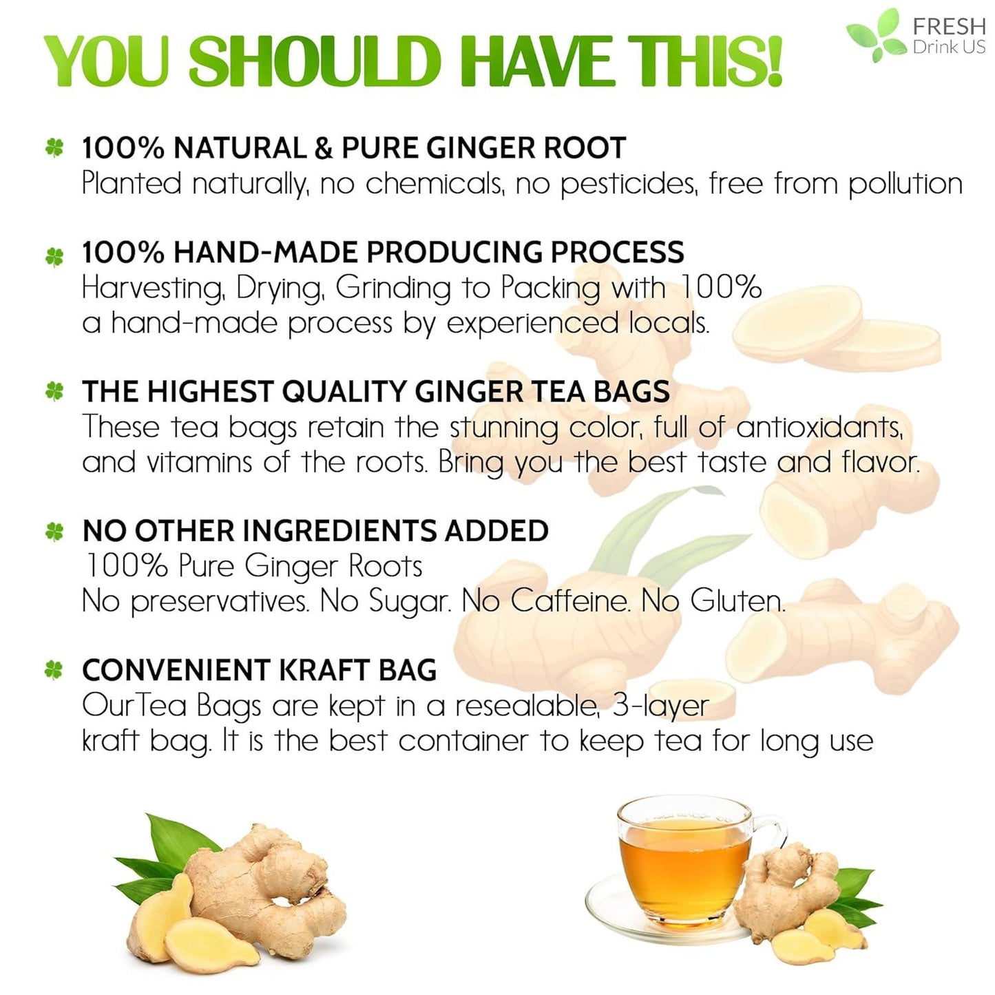 Premium Ginger Tea Bags, 100% Natural & Pure from Ginger Roots, Ginger Tea, Ginger Herbal Tea. Ginger Tea. No Sugar, No Caffeine, No Gluten, Vegan.