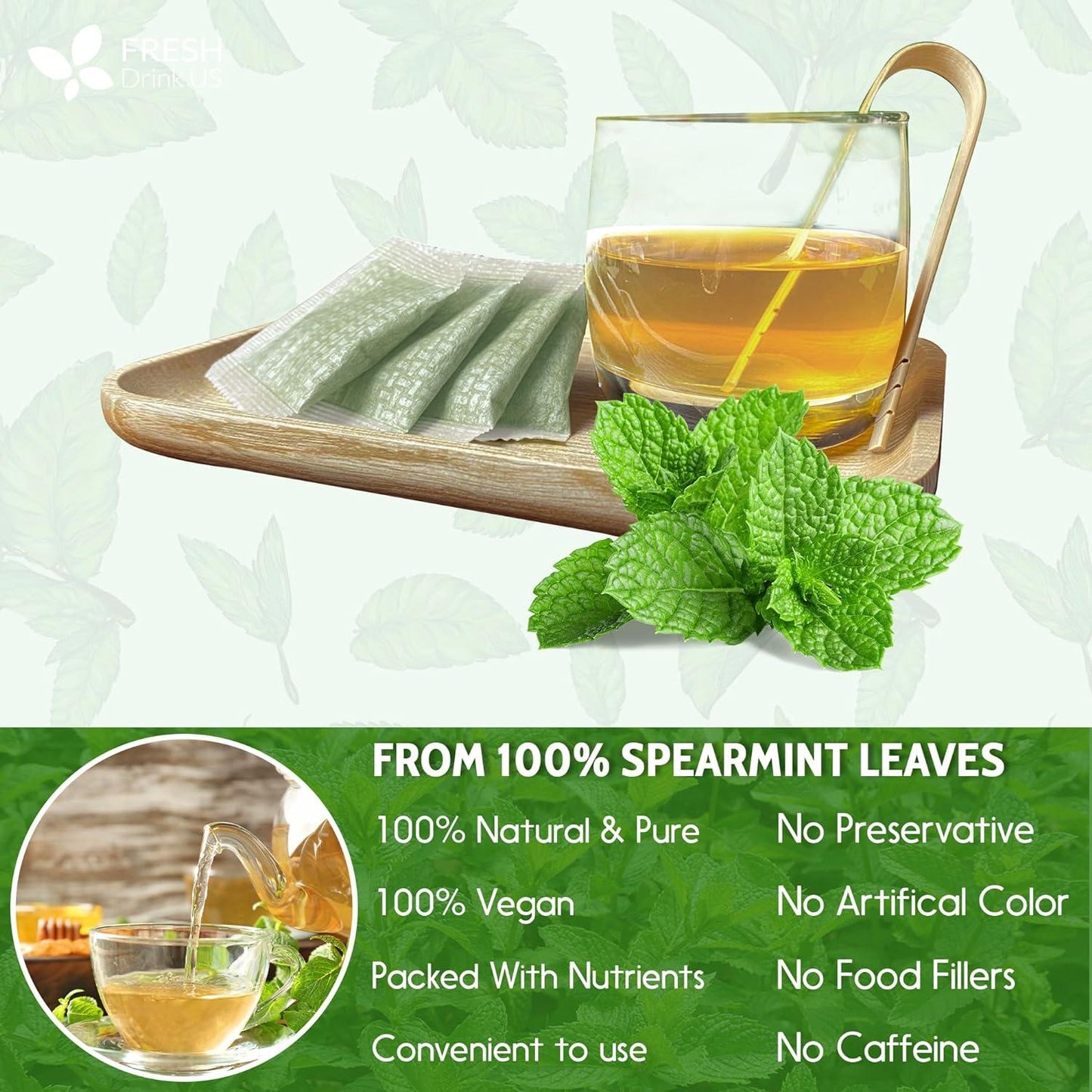 Spearmint Tea Bags, 100% Natural & Pure Spearmint Leaves. Loose Leaf Spearmint Herbal Tea. Spearmint Leaf Tea. No Sugar, No Caffeine, No Gluten, Vegan.