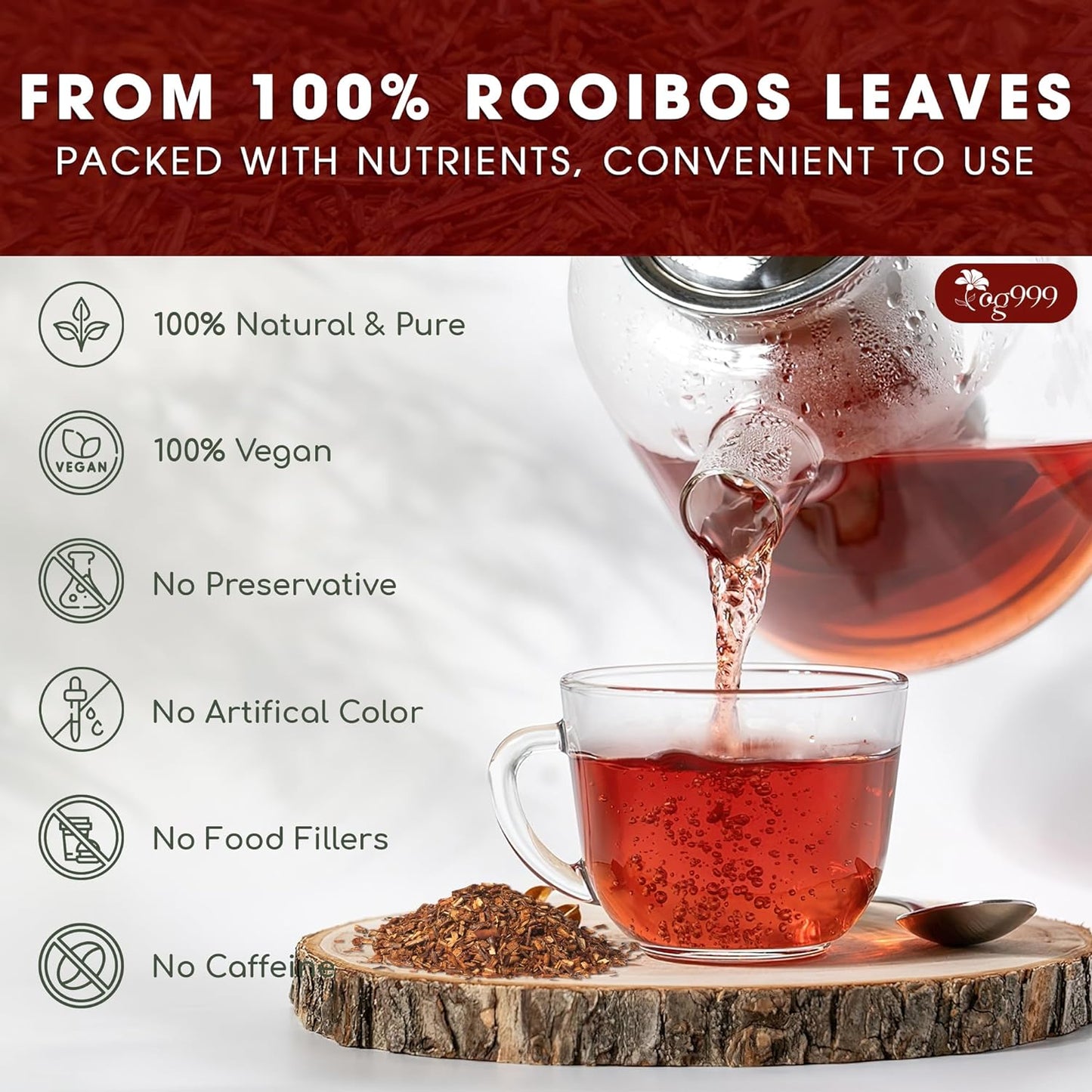 Premium Red Rooibos Tea Bags, 100% Natural & Pure from Rooibos Tea Leaves. Loose Leaf Rooibos Herbal Tea. Made with Natural Material Tea Bags. No Sugar, No Caffeine, No Gluten, Vegan.