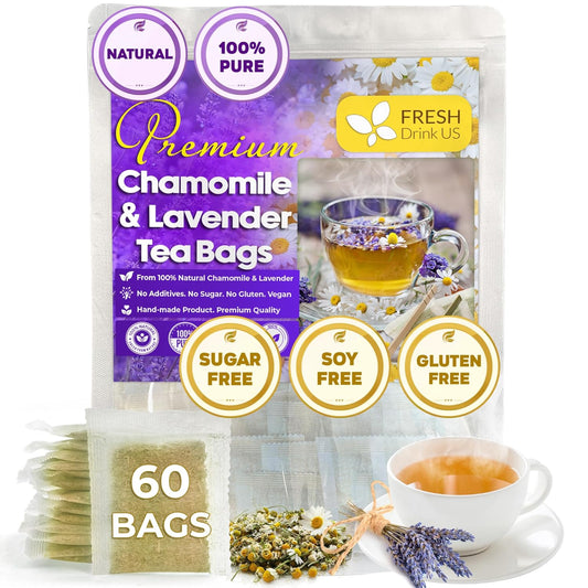 Premium Chamomile Lavender Tea Bags, Eco-conscious Tea Bags. No Sugar, No Caffeine, No Gluten, Vegan.
