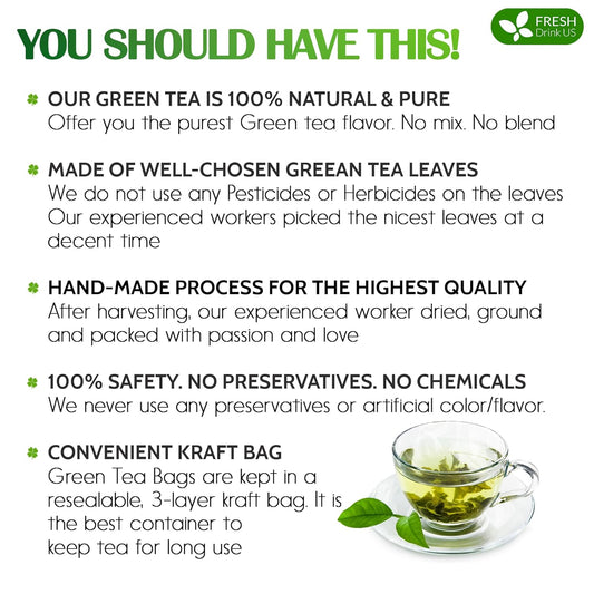 Premium Green Tea Bags, 100% Natural & Pure from Green Tea. Green Herbal Tea. No Sugar, No Gluten, Vegan