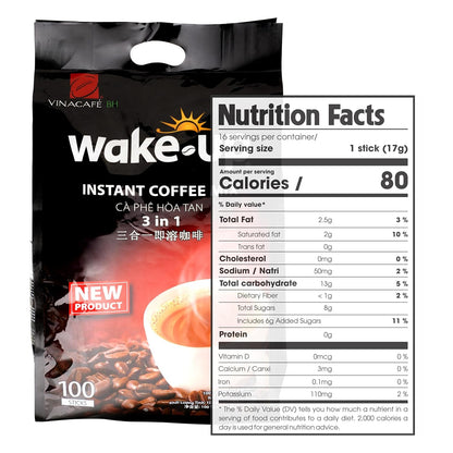Vinacafe Premium Wake-Up Coffee Mix, 100 Coffee Sticks Single Serves 1 Pack Total 100 Sticks