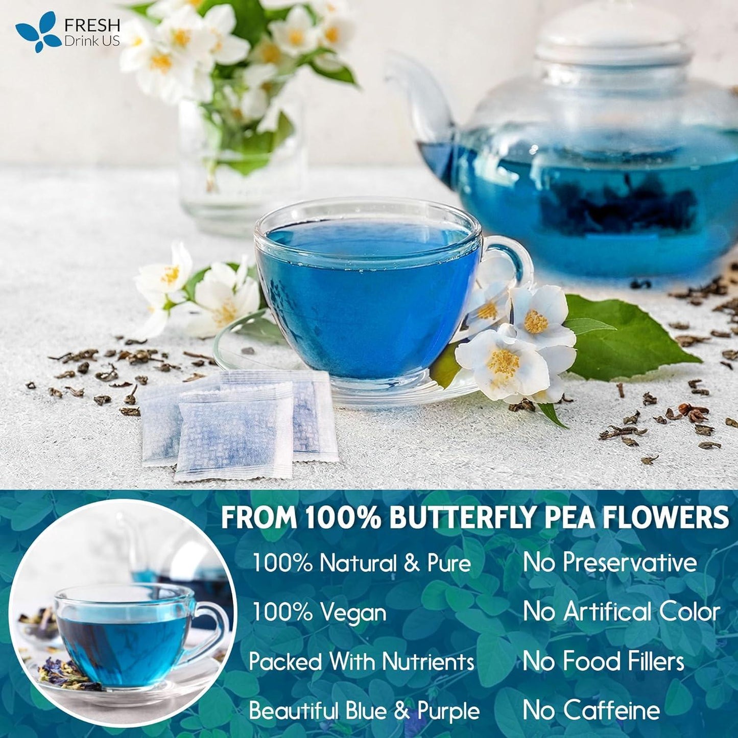 Premium Butterfly Pea Flowers, Tea Bags, 100% Natural and Pure from Butterfly Pea Flowers, Hand-made, Made With Natural Materials-Corn Fiber Tea Bag, Sugar/Caffeine/Gluten Free