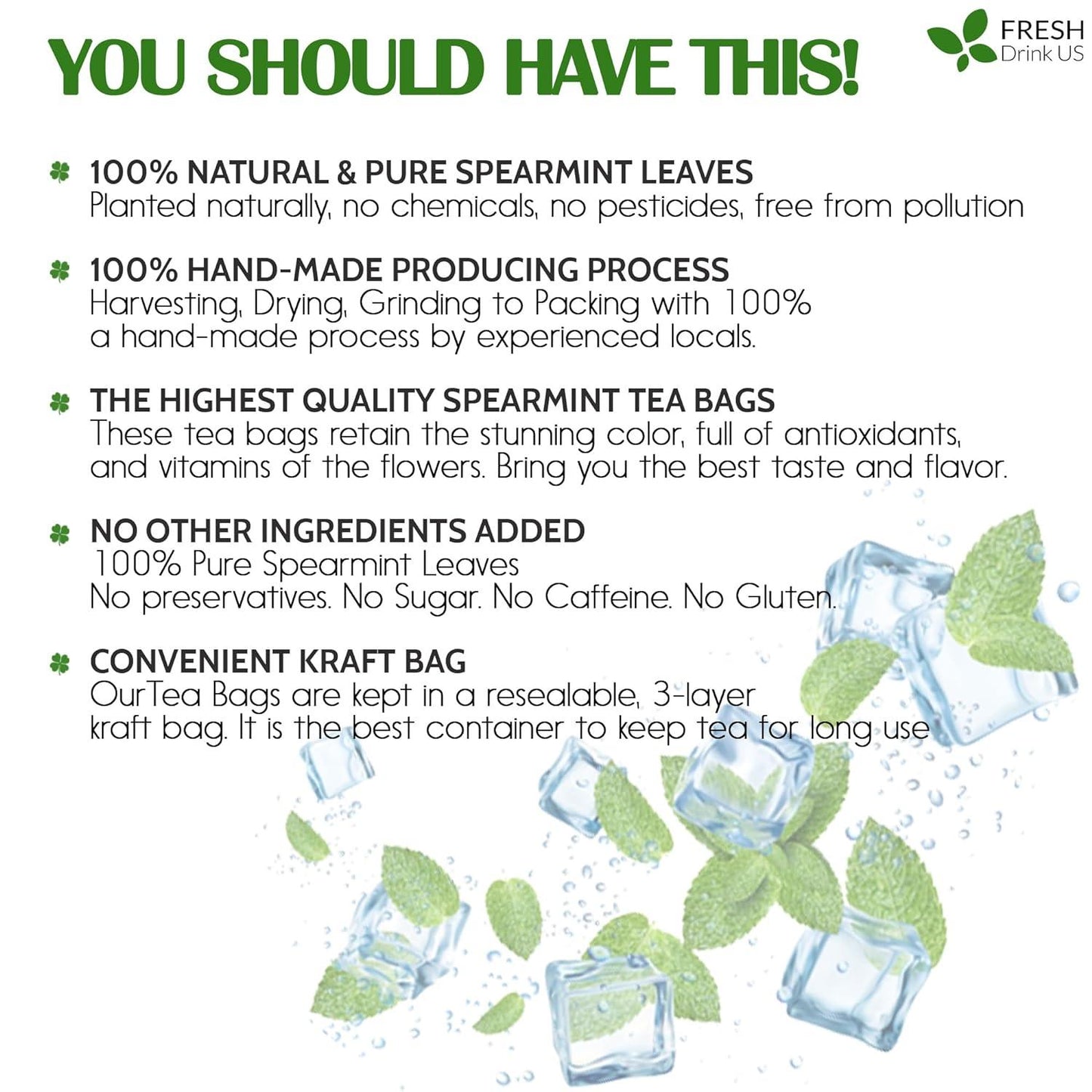 Spearmint Tea Bags, 100% Natural & Pure Spearmint Leaves. Loose Leaf Spearmint Herbal Tea. Spearmint Leaf Tea. No Sugar, No Caffeine, No Gluten, Vegan.