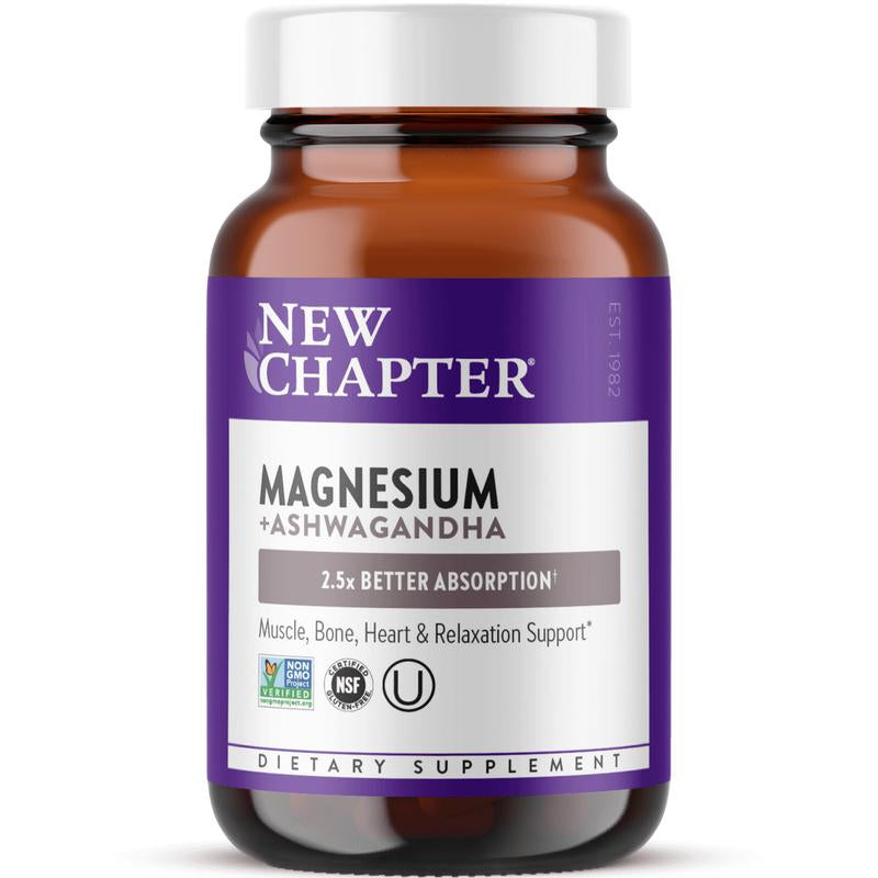 New Chapter Magnesium + Ashwagandha Supplement | 325 Mg with Magnesium Glycinate, 2.5X Absorption, Muscle Recovery, Heart, Bone Health & Relaxation - 30Ct