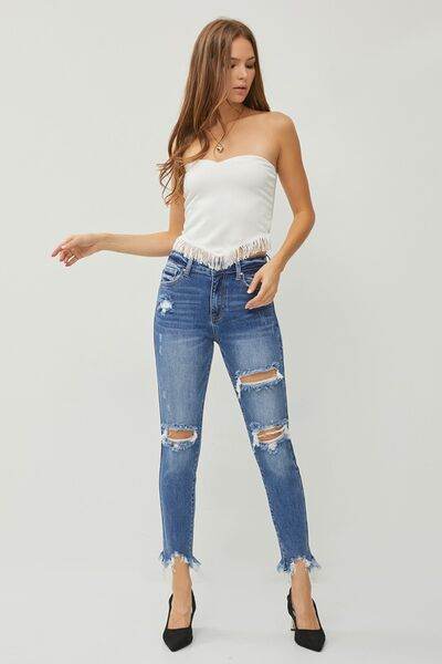 RISEN Distressed Frayed Hem Slim Women Jeans