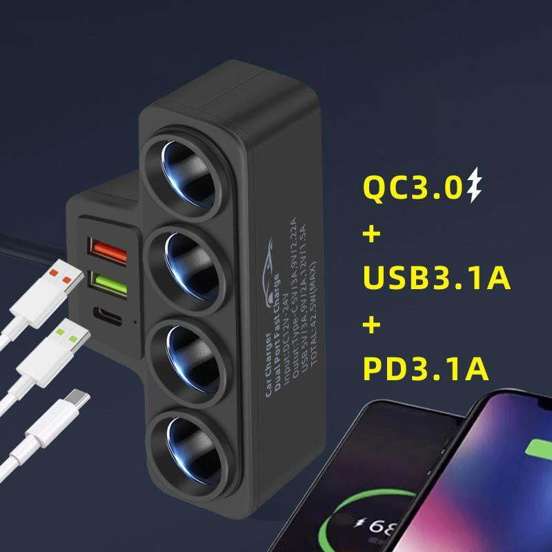 120W Car 4-Socket Adapter with PD Fast Charge,Qc3.0 & PD 3 Charging Ports, Super Fastcharger Adapter for 12V/24V Vehicles