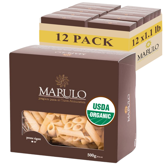 Marulo, Organic Penne Pasta, Artisan Bronze Die-Cut Pasta, 12 Pack x 1.1 lb