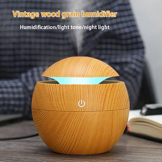 200Ml USB Small Ball 7 Colorful Light Bass Noise Reduction Mushroom Humidifier Mini Wood Grain round Hollow Aroma Diffuser