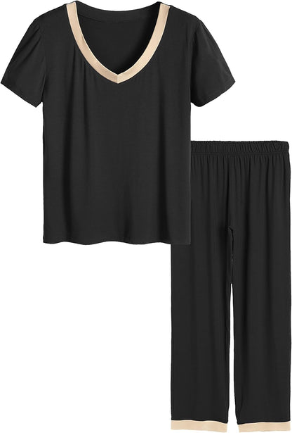 Women'S V-Neck Sleepwear Short Sleeves Top with Pants Pajama Set