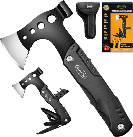 Rovertac Multi Tool Camping Axe Hatchet 11-In-1 Multitool Camping Gear Survival Tool with Axe Knife Hammer Saw Bottle Can Opener Screwdrivers Nylon Sheath Gifts for Men Perfect Camping Hiking Survival