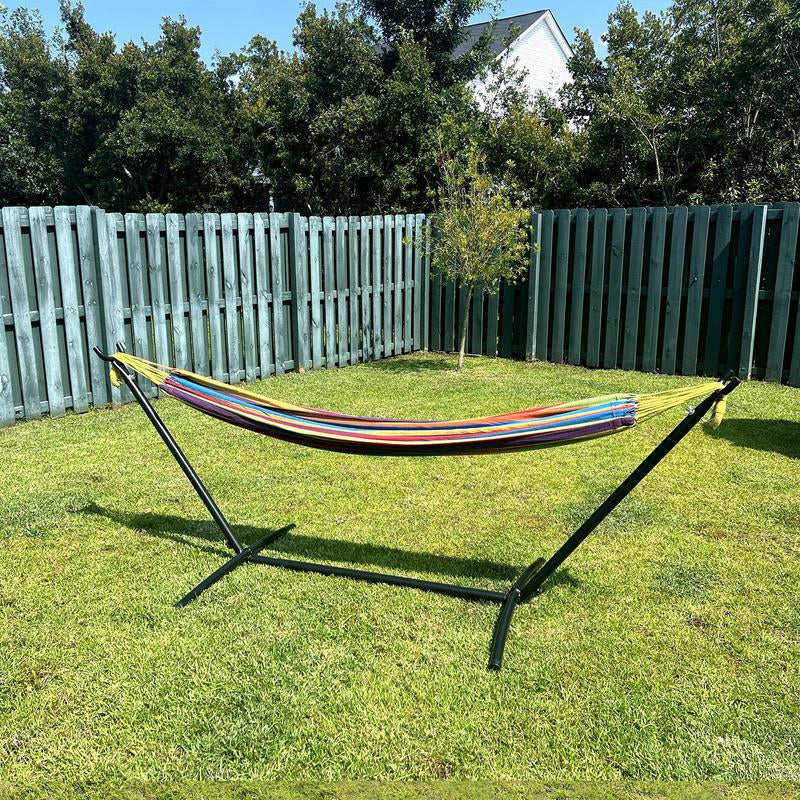 Double Hammock Set with Steel Stand,Brazilian Style Double Hammock Set with Steel Stand 450Lb Capacity Steel Stand, Premium Carry Bag Included, for Backyard, Camping,Garden Double Hammock Canvas Outdoor Patio,Heavy Duty Portable Hammock Stand