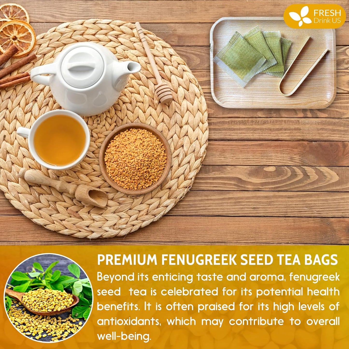 Premium Fenugreek Tea Bags. No Sugar, No Caffeine, No Gluten, Vegan. (30 Tea Bags)