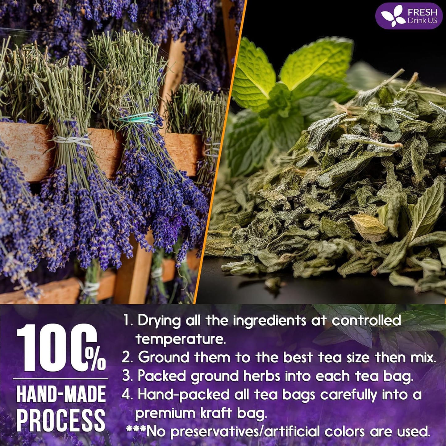 Premium Lavender Mint Tea Bags. 100% Natural, Blend of Lavender, Peppermint, Sage and Licorice.