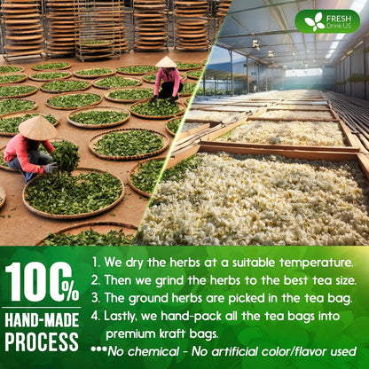 Premium Jasmine Green Tea Bags. Jasmine Green Herbal Tea. Made with Natural Material Tea Bags. No Sugar, No Gluten, Vegan.