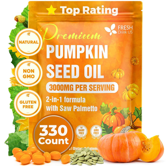Premium Pumpkin Seed Oil Softgels with Saw Palmetto, 3000mg Per Serving, Cold Pressed, Pure Virgin Oil, Great Hair Support, Non-GMO, Gluten-Free, Vegan