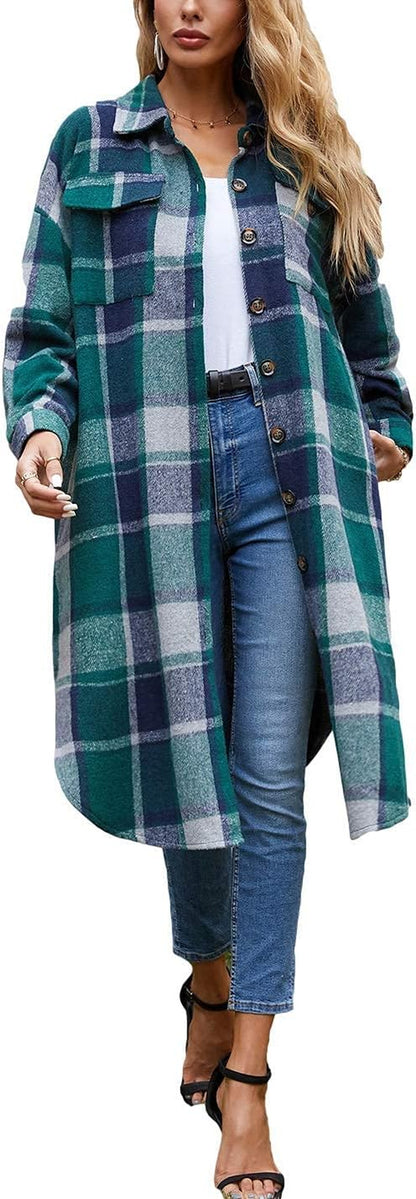 Women'S Flannel Plaid Shacket Fall Oversized Long Button down Shirt Jacket Shackets