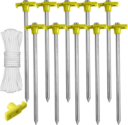 8 Inch Tent Stakes 10 Pcs Non-Rust Metal Ground Anchors, Heavy Duty Spikes with 4 Ropes for Outdoor Camping, Yellow