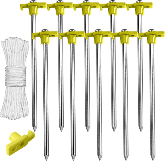 8 Inch Tent Stakes 10 Pcs Non-Rust Metal Ground Anchors, Heavy Duty Spikes with 4 Ropes for Outdoor Camping, Yellow