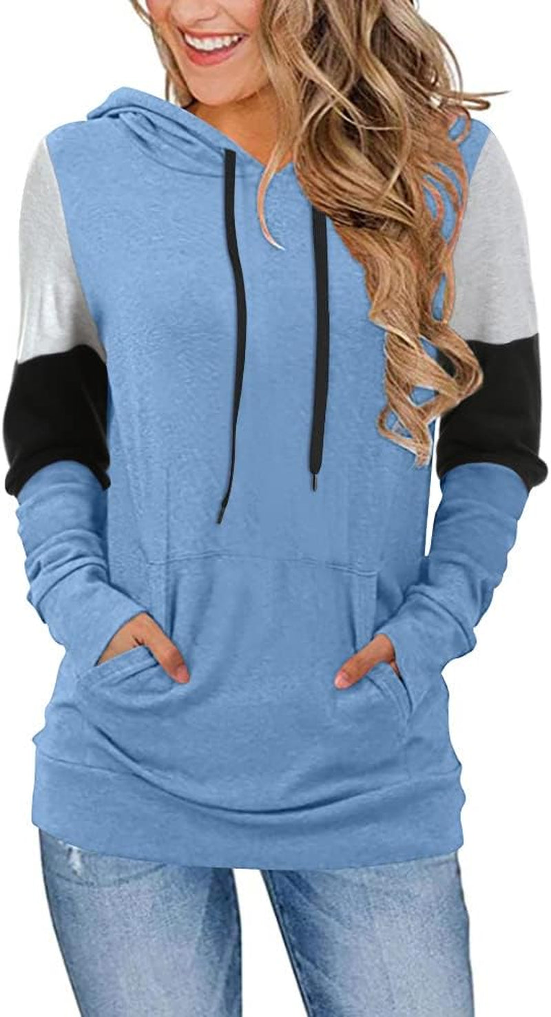 Women'S Casual Drawstring Pullover Tunic Top Long Sleeve Color Block Hoodie Sweatshirts with Pocket