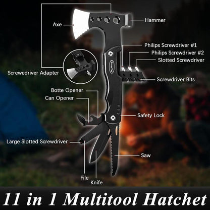 Rovertac Multi Tool Camping Axe Hatchet 11-In-1 Multitool Camping Gear Survival Tool with Axe Knife Hammer Saw Bottle Can Opener Screwdrivers Nylon Sheath Gifts for Men Perfect Camping Hiking Survival