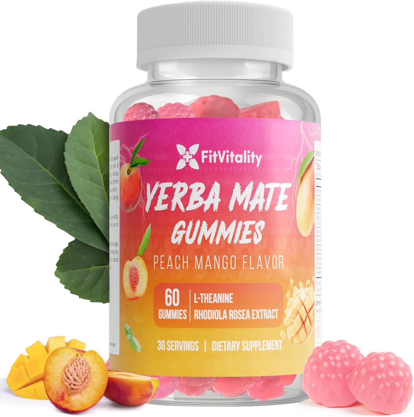 Yerba Mate Gummies – Super Focus & Energy Support – Formulated with Yerba Mate Extract, L-Theanine, Rhodiola, Ginseng, Choline, B12 – Peach Mango Flavor