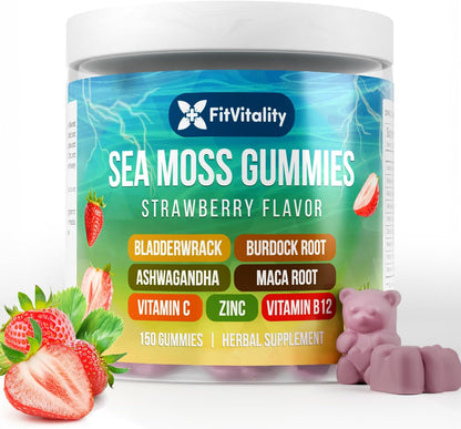 Sea Moss Gummies | Strawberry Flavor Vegan Gummies | Extra Rich 9-in-1 Formulation with Irish Sea Moss, Elderberry, Bladderwrack, Burdock, Ashwagandha, Maca, Zinc, B12 | Energy & Immune Support