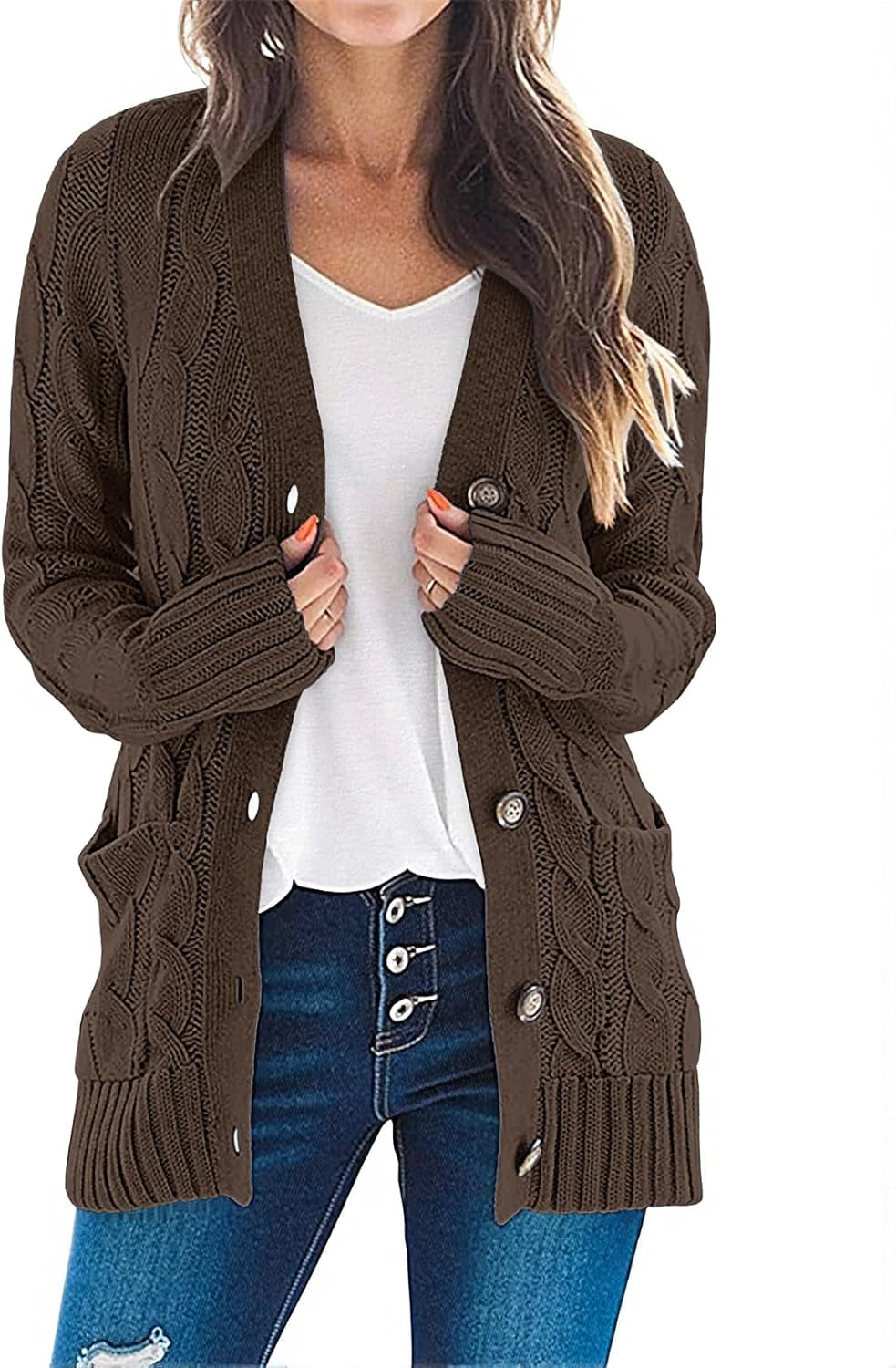 Women'S 2025 Fall Long Sleeve Cable Knit Sweater Open Front Cardigan Button Loose Outerwear