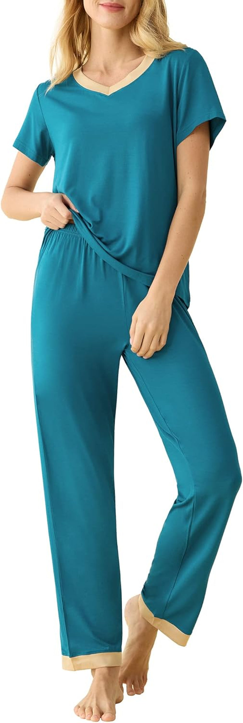 Women'S V-Neck Sleepwear Short Sleeves Top with Pants Pajama Set