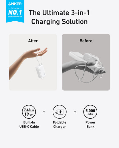 Anker Power Bank (30W, 5k,  Fusion, Built-In USB-C Cable)