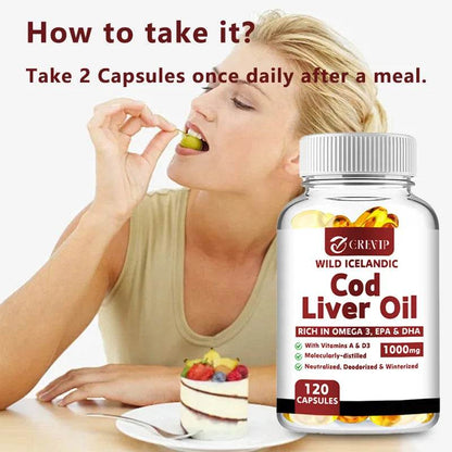 Cod Liver Oil - Heart Joint Brain & Immune Support - Omega 3 EPA/DHA - 120 Capsules